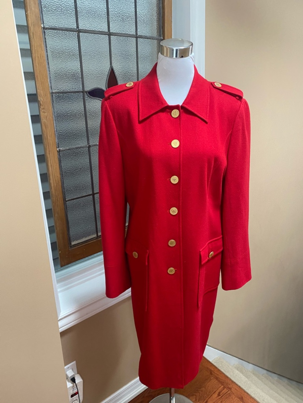 SPANNER Red Wool Coat with Decorative Gold Buttons